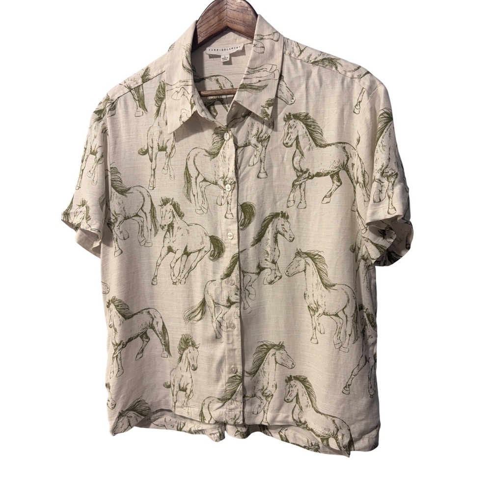Jane + Delancey Womens Large Horse Print Linen Blend Button Down Shirt Green